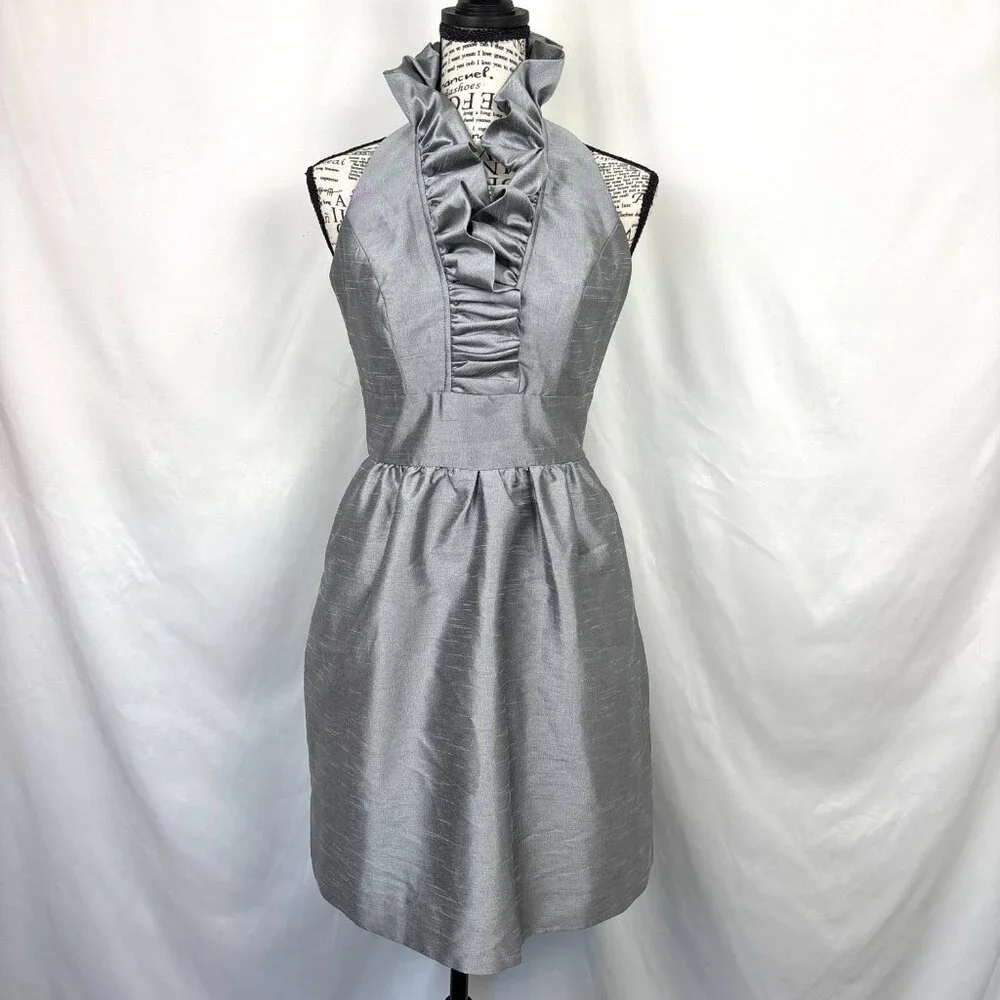 Alfred Sung Women’s Size 0 Silver Gray Halter Cocktail Dress Pockets Ruffle Neck